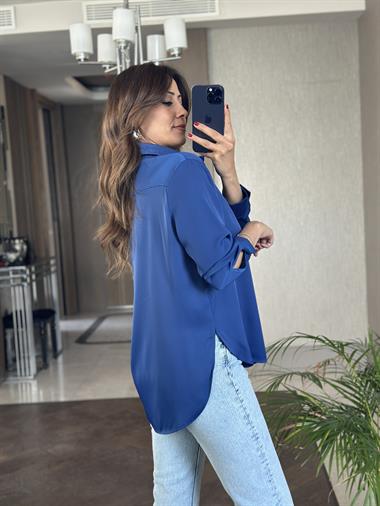 Saks Karol Uzun Kol Saten Kadın Gömlek