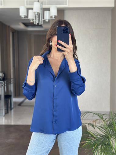 Saks Karol Uzun Kol Saten Kadın Gömlek