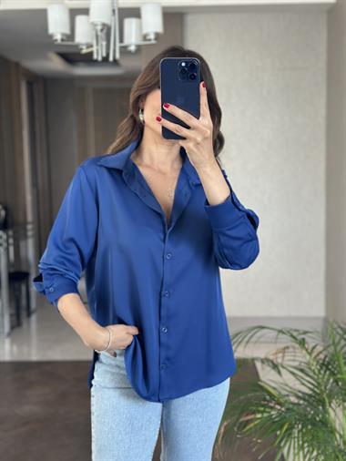 Saks Karol Uzun Kol Saten Kadın Gömlek