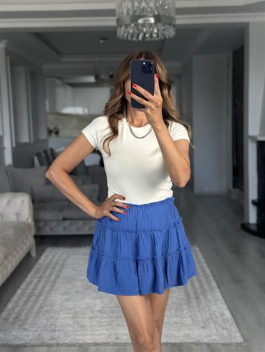 Saks Müslin Kumaş İçi Şortlu Kadın Mini Etek