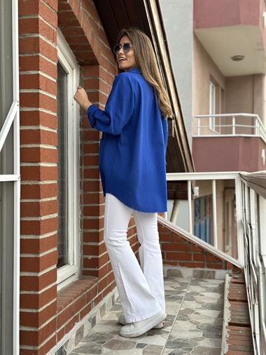 Saks Önden Cepli Ham Keten Oversize Gömlek