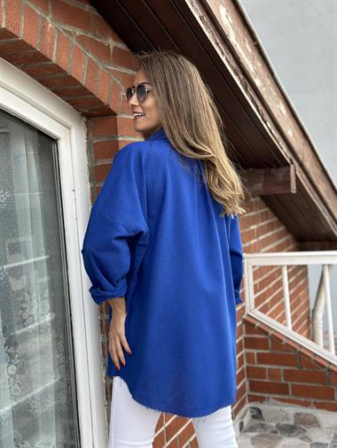 Saks Önden Cepli Ham Keten Oversize Gömlek