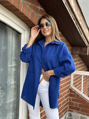 Saks Önden Cepli Ham Keten Oversize Gömlek