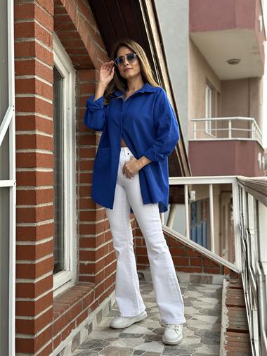 Saks Önden Cepli Ham Keten Oversize Gömlek