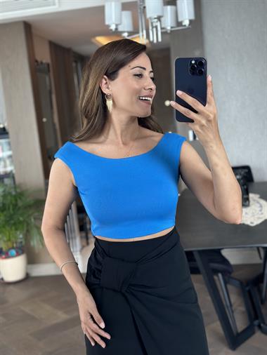 Saks Önü Çift Katlı Kayık Yaka Sıfır Kol Kadın Crop Body