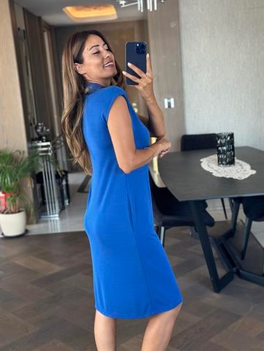 Saks Polo Yaka Sıfır Kol Modal Midi Boy Kadın Elbise 