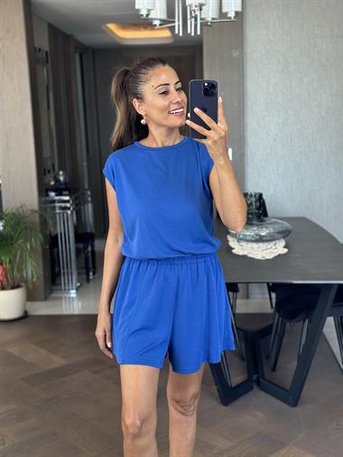 Saks Sırt Dekolteli Beli Lastikli Modal Kadın Şort Tulum