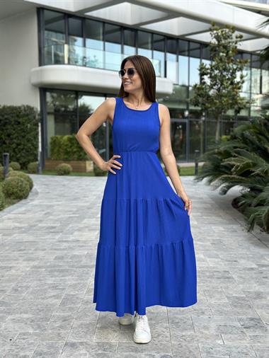 Saks Sıfır Kol Gofre Beli Lastikli Kadın Elbise