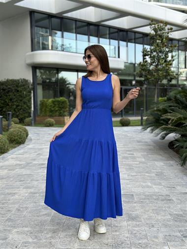 Saks Sıfır Kol Gofre Beli Lastikli Kadın Elbise