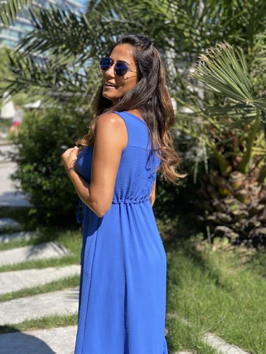 Saks Sıfır Kol Önü Düğme Detay Bel Bağcıklı Cepli Aerobin Kadın Elbise