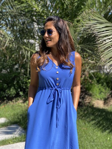 Saks Sıfır Kol Önü Düğme Detay Bel Bağcıklı Cepli Aerobin Kadın Elbise