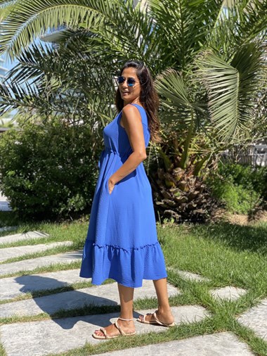 Saks Sıfır Kol Önü Düğme Detay Bel Bağcıklı Cepli Aerobin Kadın Elbise