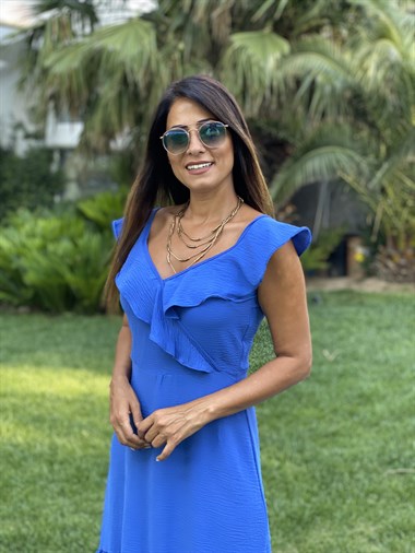 Saks Yakası Fırfırlı Aerobin  Kadın Elbise