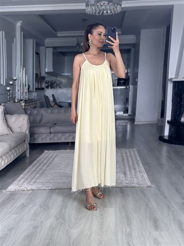 Sarı Askılı Eteği Saçaklı Salaş Midi Boy Kadın Elbise