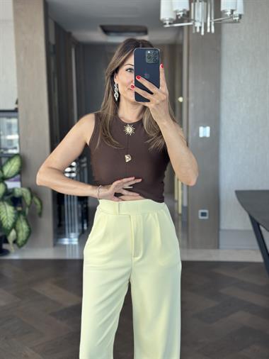 Sarı Beli Cırtlı Likralı Krep Palazzo Kadın Pantolon