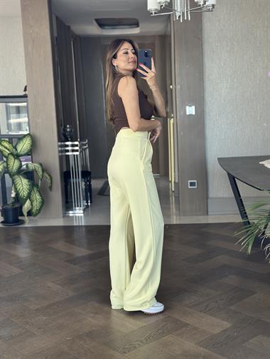 Sarı Beli Cırtlı Likralı Krep Palazzo Kadın Pantolon