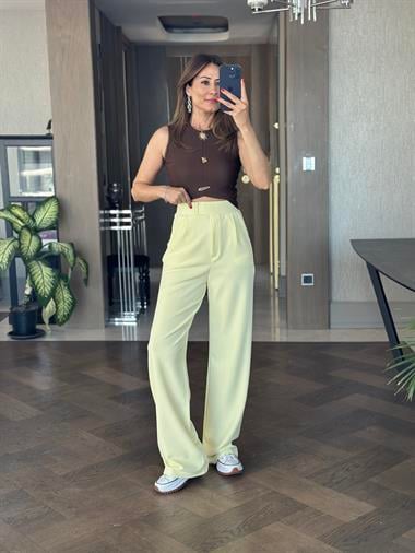 Sarı Beli Cırtlı Likralı Krep Palazzo Kadın Pantolon