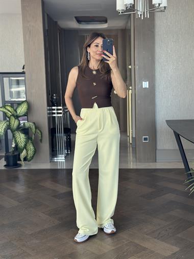 Sarı Beli Cırtlı Likralı Krep Palazzo Kadın Pantolon