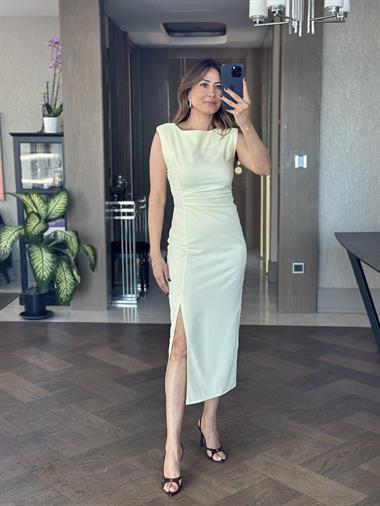 Sarı Beli Ve Omzu Drapeli Sıfır Kol Kadın Midi Boy Elbise