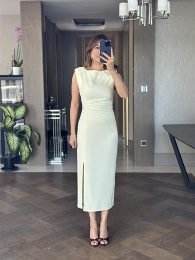 Sarı Beli Ve Omzu Drapeli Sıfır Kol Kadın Midi Boy Elbise