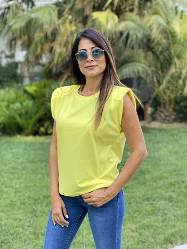 Sarı Bisiklet Yaka Vatkalı Kadın T-Shirt