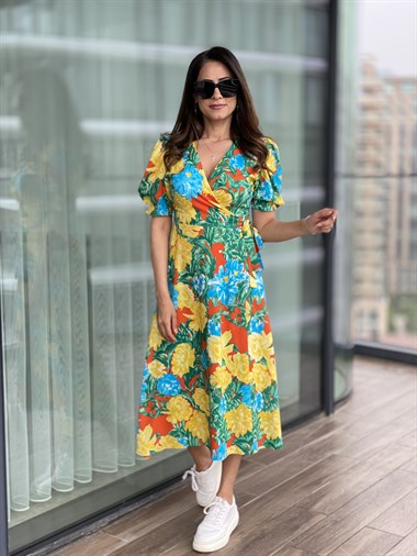 Sarı Çiçekli Bağlama Detay Kruvaze Viskon Elbise