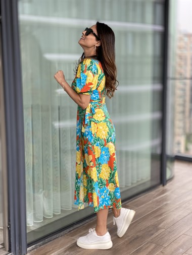 Sarı Çiçekli Bağlama Detay Kruvaze Viskon Elbise