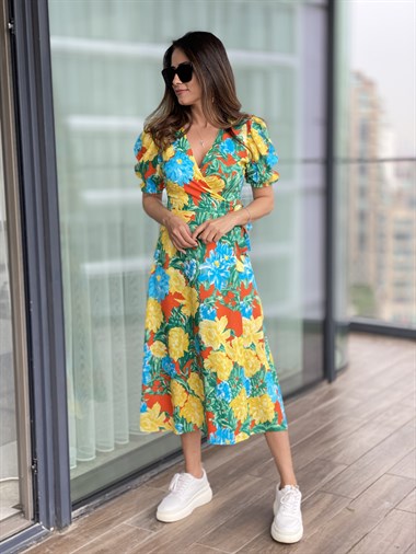Sarı Çiçekli Bağlama Detay Kruvaze Viskon Elbise