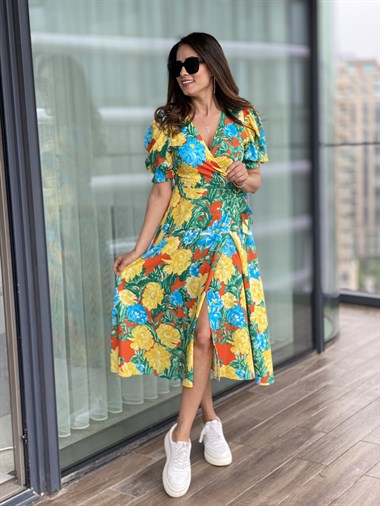 Sarı Çiçekli Bağlama Detay Kruvaze Viskon Elbise