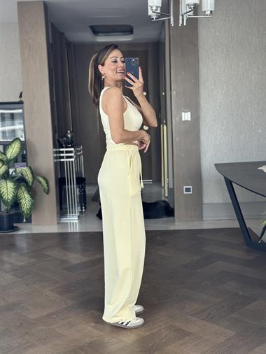 Sarı Çizgili Melanj Beli Lastikli Kadın Pantolon