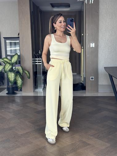 Sarı Çizgili Melanj Beli Lastikli Kadın Pantolon