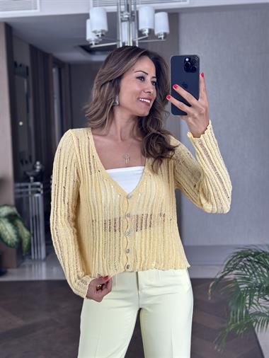 Sarı Dekolteli Düğmeli Triko Kadın Hırka 