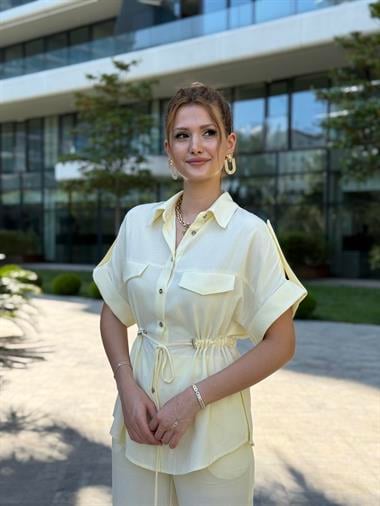 Sarı Duble Kol Gömlek Pantolon Keten Kadın İkili Takım