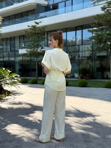 Sarı Duble Kol Gömlek Pantolon Keten Kadın İkili Takım