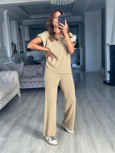 Hardal Düşük Kol Bluz Pantolon Kadın Triko İkili Takım