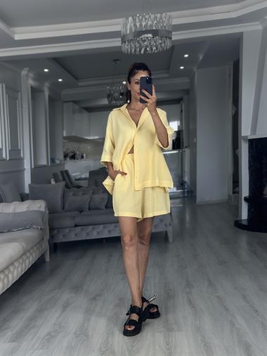 Sarı Fakir Kol Gömlek Şort Müslin Kadın İkili Takım