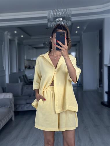 Sarı Fakir Kol Gömlek Şort Müslin Kadın İkili Takım