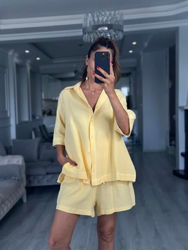 Sarı Fakir Kol Gömlek Şort Müslin Kadın İkili Takım