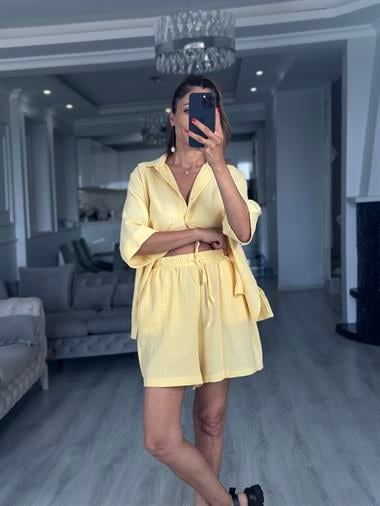 Sarı Fakir Kol Gömlek Şort Müslin Kadın İkili Takım