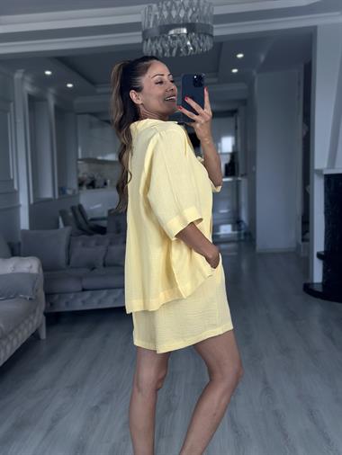 Sarı Fakir Kol Gömlek Şort Müslin Kadın İkili Takım