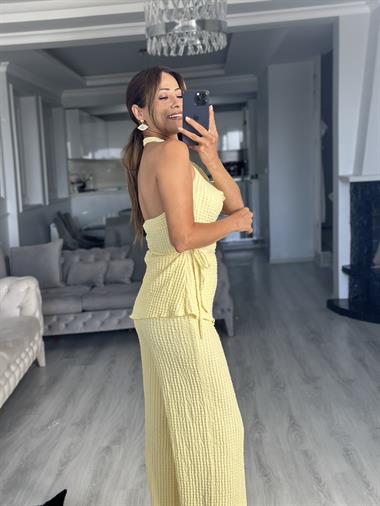 Sarı Gofre Degaje Yaka Bluz Pantolon Kadın Alt Üst Takım