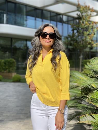 Sarı Gömlek Yaka Yarasa Kol Aerobin Kadın Bluz