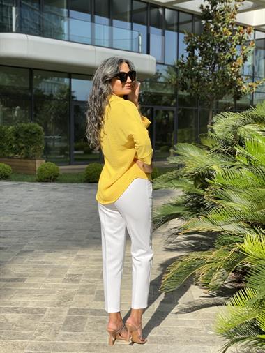 Sarı Gömlek Yaka Yarasa Kol Aerobin Kadın Bluz