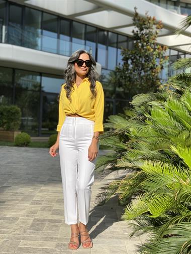 Sarı Gömlek Yaka Yarasa Kol Aerobin Kadın Bluz