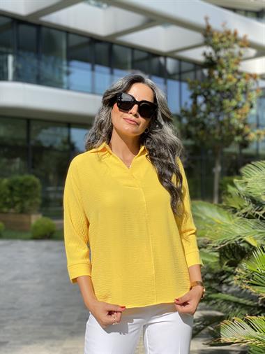 Sarı Gömlek Yaka Yarasa Kol Aerobin Kadın Bluz