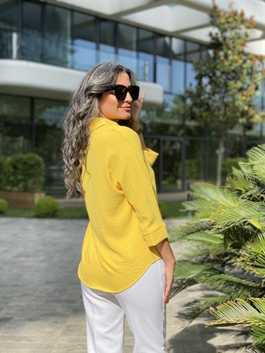 Sarı Gömlek Yaka Yarasa Kol Aerobin Kadın Bluz