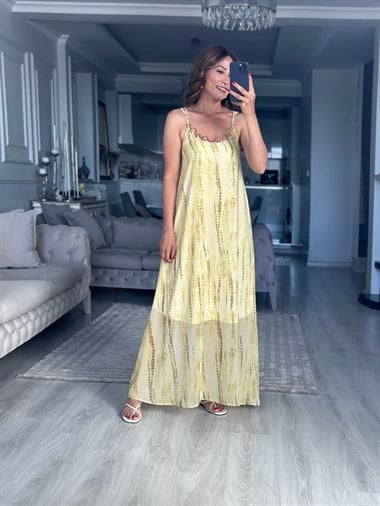 Sarı Halka Aksesuarlı Askılı Maxi Boy Kadın Elbise