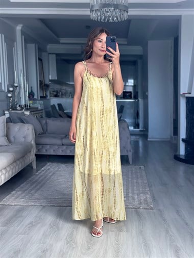 Sarı Halka Aksesuarlı Askılı Maxi Boy Kadın Elbise