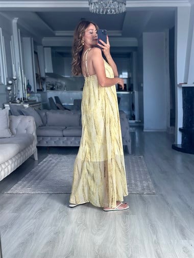 Sarı Halka Aksesuarlı Askılı Maxi Boy Kadın Elbise