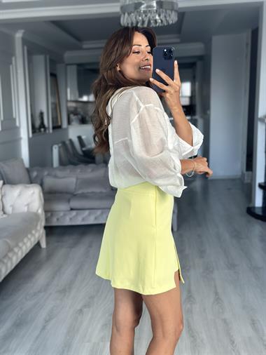 Sarı İçi Şortlu Yandan Fermuarlı Kadın Mini Etek
